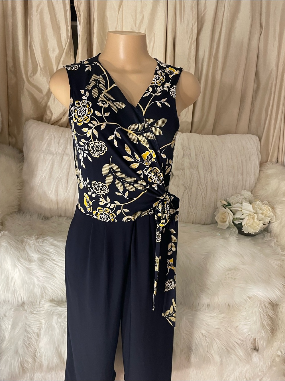 Nina Leonard Navy Floral Wrap Jumpsuit with Yellow and Cream Flowers